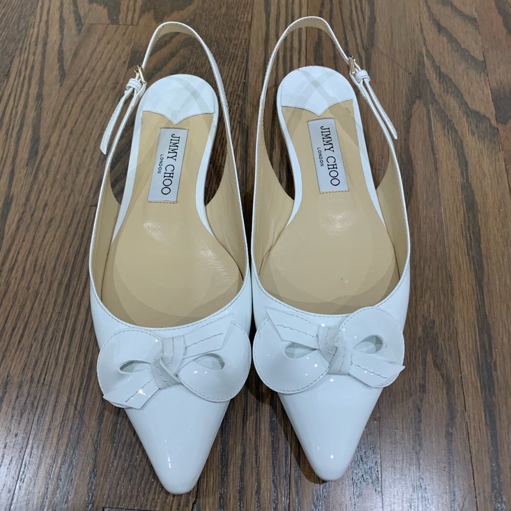 Jimmy Choo White Patent Leather Sling Back Flats